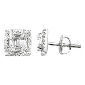 14k Gold 0.53 ct Baguette Square Halo Stud Earring
